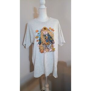 Vintage Fruit of the Loom XL Scarecrow Graphic T Shirt Fall Leaves Sunflowers
